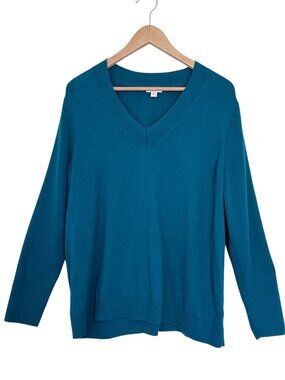 J.Jill V-Neck Deep Green Ribbed Trim Cotton Blend Long Sleeve Knit Sweater 2X